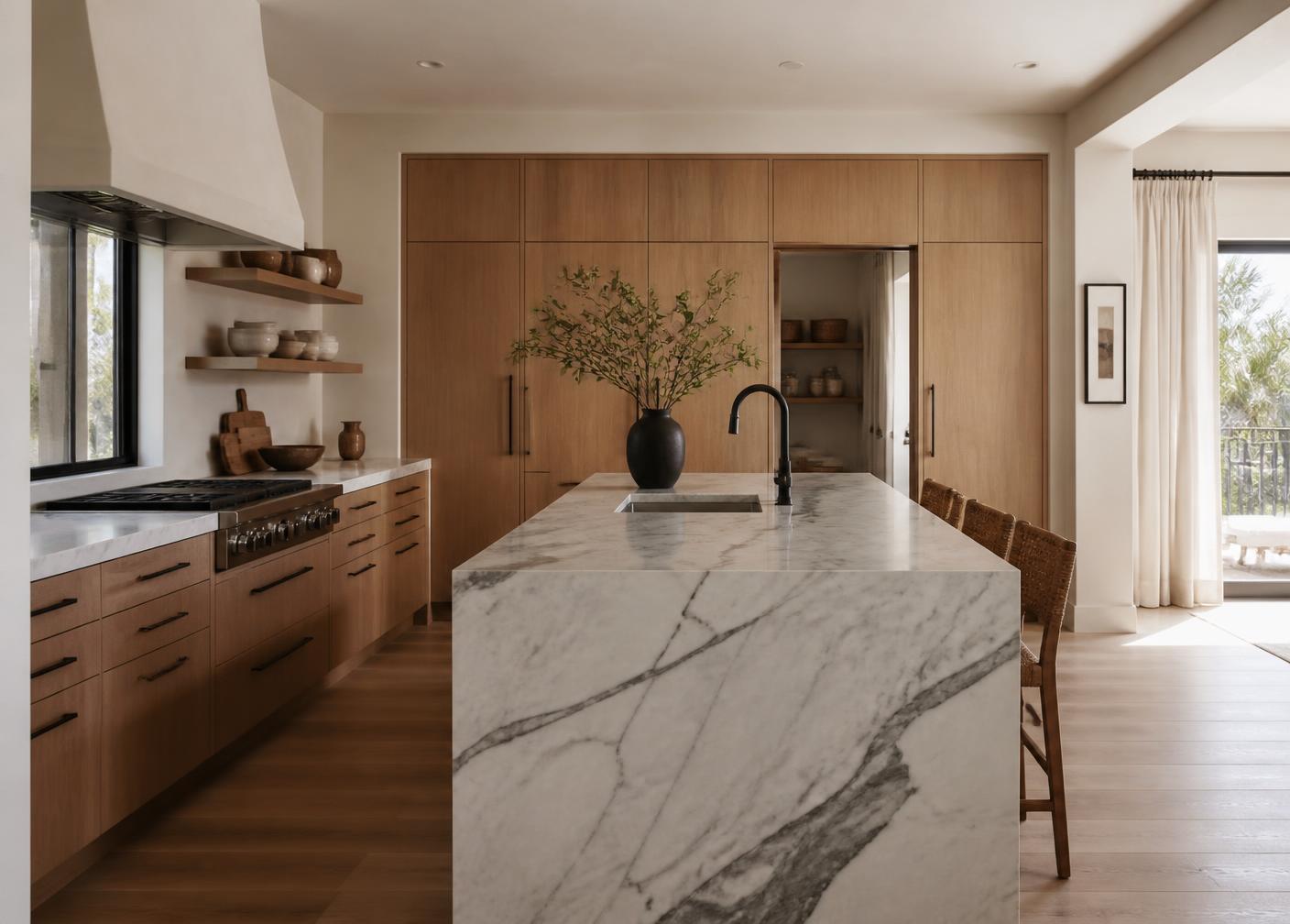 Renovated kitchen with warm wood cabinetry and stone counters in a Costa Mesa home